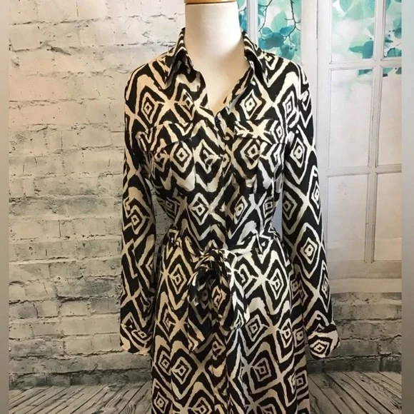 LAUREN by Ralph Lauren • Adorable Geometric Print Button Down Shirt Dress w Belt - Picture 10 of 11